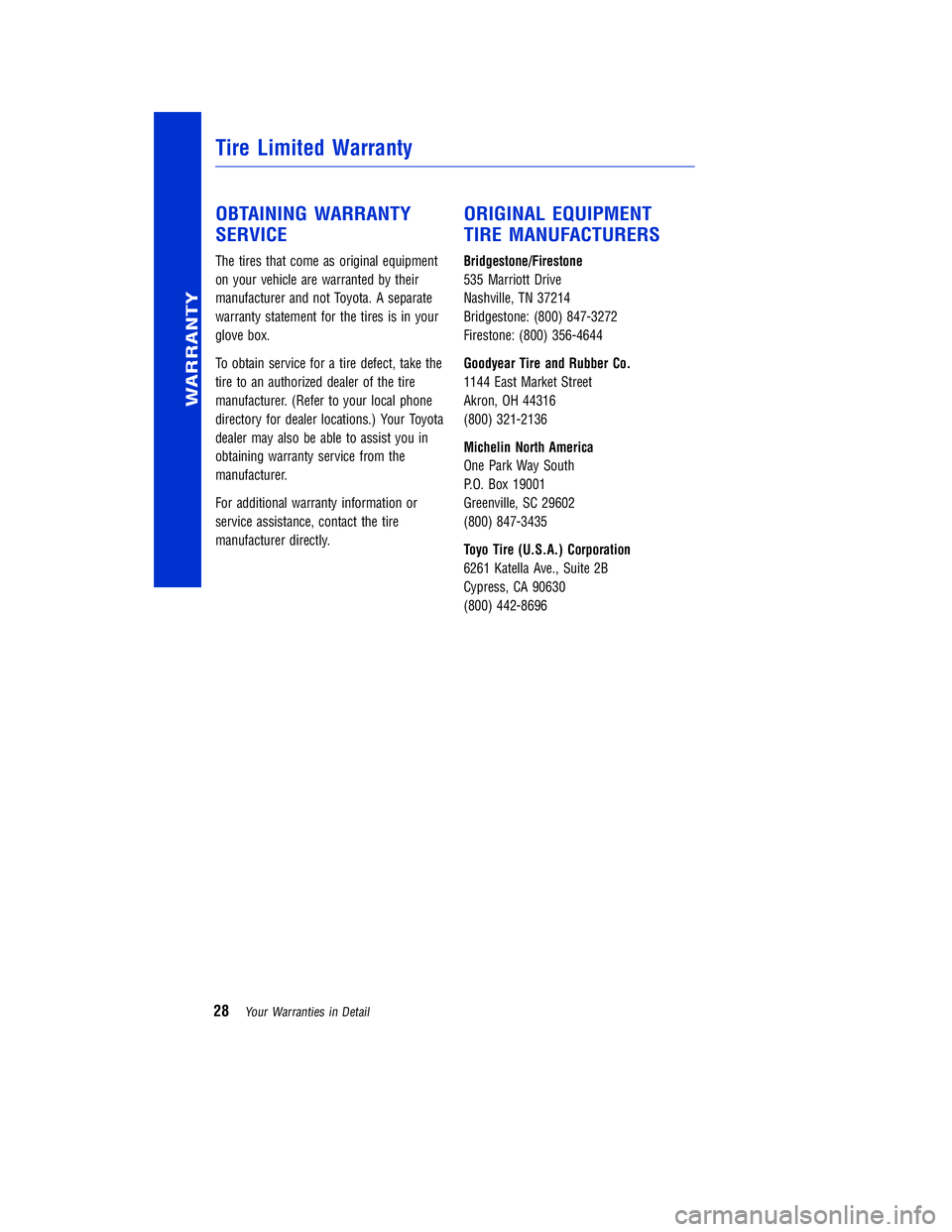 TOYOTA VENZA 2011 Warranties & Maintenance Guides (in English) JOBNAME: 317533-2011-ven-toyw PAGE: 28 SESS: 11 OUTPUT: Mon Sep 13 18:18:36 2010
/tweddle/toyota/sched-maint/317533-en-ven/wg
OBTAINING WARRANTY
SERVICE
The tires that come as original equipment
on yo TOYOTA VENZA 2011 Warranties & Maintenance Guides (in English) JOBNAME: 317533-2011-ven-toyw PAGE: 28 SESS: 11 OUTPUT: Mon Sep 13 18:18:36 2010
/tweddle/toyota/sched-maint/317533-en-ven/wg
OBTAINING WARRANTY
SERVICE
The tires that come as original equipment
on yo