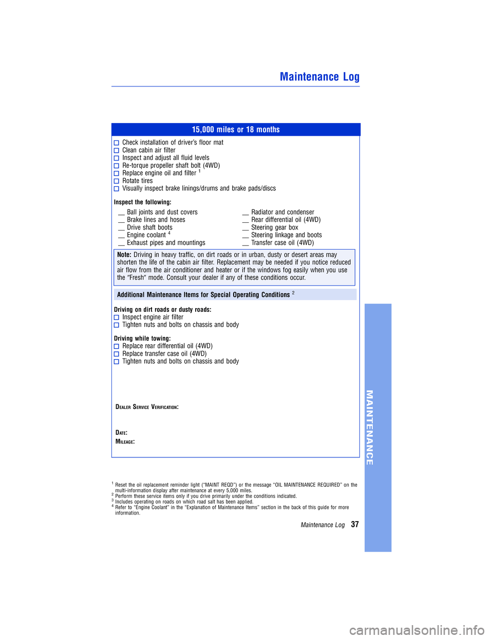 TOYOTA VENZA 2011 Warranties & Maintenance Guides (in English) JOBNAME: 317533-2011-ven-toyw PAGE: 37 SESS: 11 OUTPUT: Mon Sep 13 18:18:36 2010
/tweddle/toyota/sched-maint/317533-en-ven/wg
15,000 miles or 18 months
Check installation of driver’s floor matClean TOYOTA VENZA 2011 Warranties & Maintenance Guides (in English) JOBNAME: 317533-2011-ven-toyw PAGE: 37 SESS: 11 OUTPUT: Mon Sep 13 18:18:36 2010
/tweddle/toyota/sched-maint/317533-en-ven/wg
15,000 miles or 18 months
Check installation of driver’s floor matClean