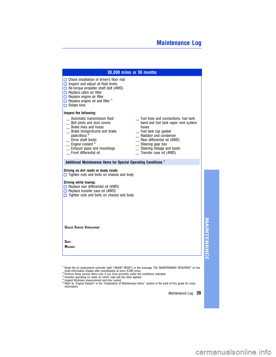 TOYOTA VENZA 2011 Warranties & Maintenance Guides (in English) JOBNAME: 317533-2011-ven-toyw PAGE: 39 SESS: 11 OUTPUT: Mon Sep 13 18:18:36 2010
/tweddle/toyota/sched-maint/317533-en-ven/wg
30,000 miles or 36 months
Check installation of driver’s floor matInspec TOYOTA VENZA 2011 Warranties & Maintenance Guides (in English) JOBNAME: 317533-2011-ven-toyw PAGE: 39 SESS: 11 OUTPUT: Mon Sep 13 18:18:36 2010
/tweddle/toyota/sched-maint/317533-en-ven/wg
30,000 miles or 36 months
Check installation of driver’s floor matInspec