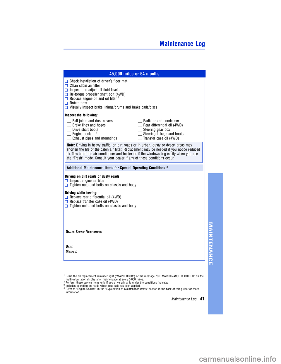 TOYOTA VENZA 2011 Warranties & Maintenance Guides (in English) JOBNAME: 317533-2011-ven-toyw PAGE: 41 SESS: 11 OUTPUT: Mon Sep 13 18:18:36 2010
/tweddle/toyota/sched-maint/317533-en-ven/wg
45,000 miles or 54 months
Check installation of driver’s floor matClean TOYOTA VENZA 2011 Warranties & Maintenance Guides (in English) JOBNAME: 317533-2011-ven-toyw PAGE: 41 SESS: 11 OUTPUT: Mon Sep 13 18:18:36 2010
/tweddle/toyota/sched-maint/317533-en-ven/wg
45,000 miles or 54 months
Check installation of driver’s floor matClean
