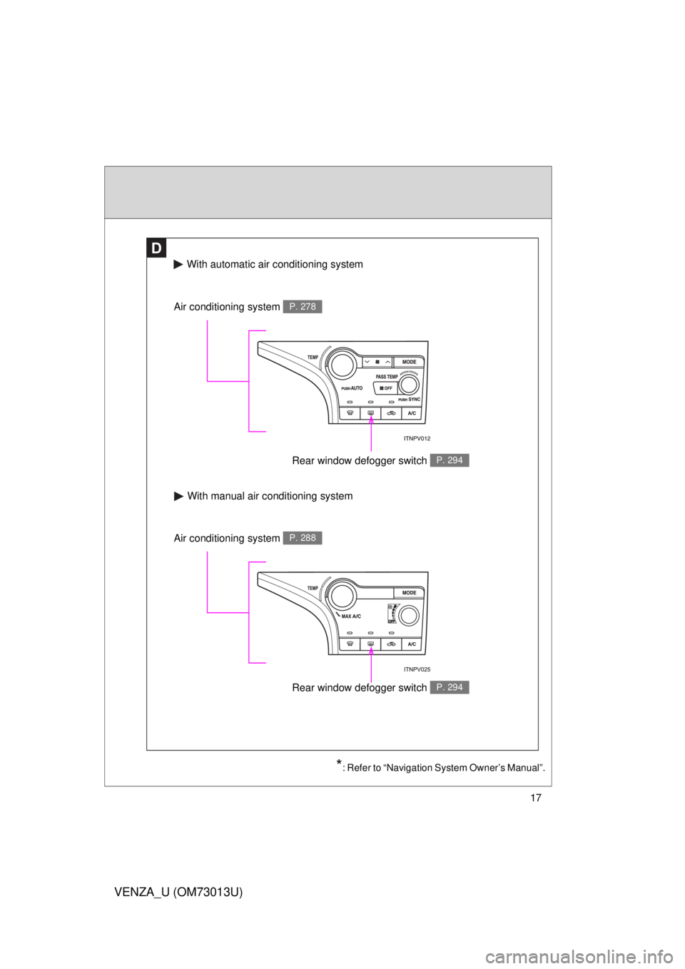 TOYOTA VENZA 2012  Owners Manual (in English) 17
VENZA_U (OM73013U)
D
With automatic air conditioning system
With manual air conditioning system
Air conditioning system P. 288
Rear window defogger switch P. 294
Rear window defogger switch P. 294
