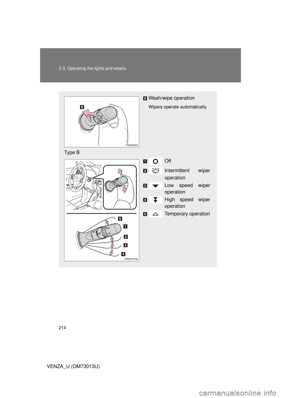 TOYOTA VENZA 2012  Owners Manual (in English) 214 2-3. Operating the lights and wipers
VENZA_U (OM73013U)
Wash/wipe operation
Wipers operate automatically. 
Type BOff
Intermittent wiper
operation
Low speed wiper
operation
High speed wiper
operati