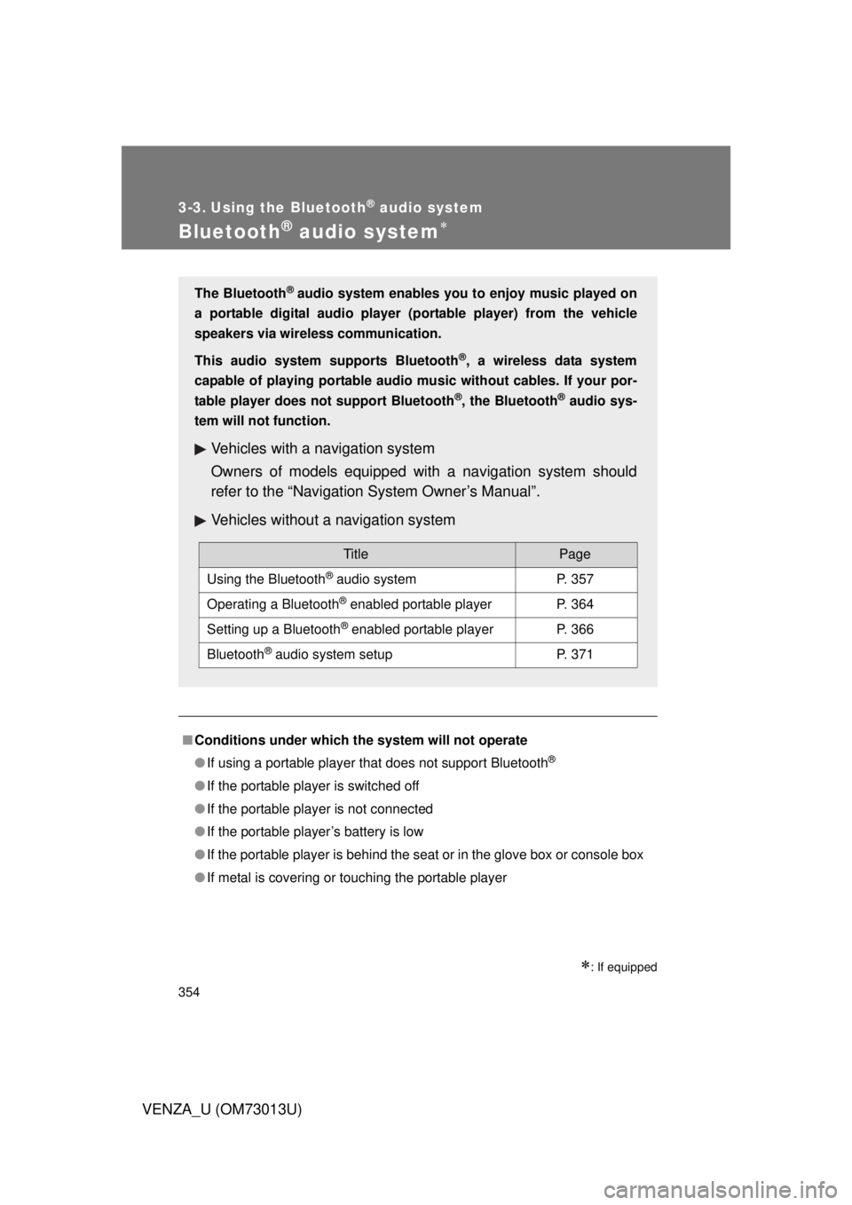 TOYOTA VENZA 2012  Owners Manual (in English) 354
VENZA_U (OM73013U)
3-3. Using the Bluetooth® audio system
Bluetooth® audio system
: If equipped
■Conditions under which th e system will not operate
● If using a portable player that d TOYOTA VENZA 2012  Owners Manual (in English) 354
VENZA_U (OM73013U)
3-3. Using the Bluetooth® audio system
Bluetooth® audio system
: If equipped
■Conditions under which th e system will not operate
● If using a portable player that d