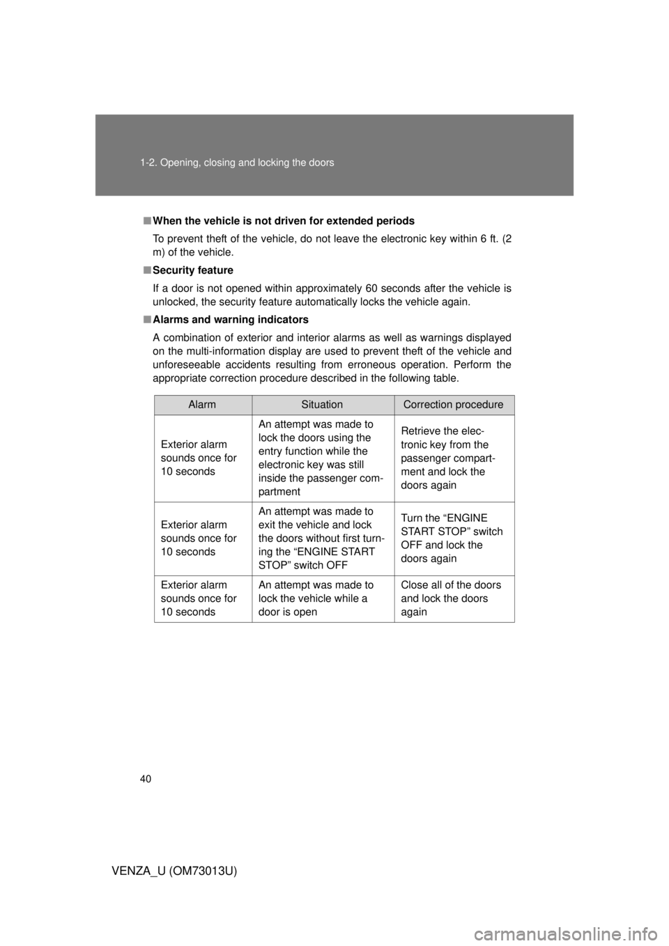 TOYOTA VENZA 2012  Owners Manual (in English) 40 1-2. Opening, closing and locking the doors
VENZA_U (OM73013U)
■When the vehicle is not driven for extended periods
To prevent theft of the vehicle, do not leave the electronic key within 6 ft. (