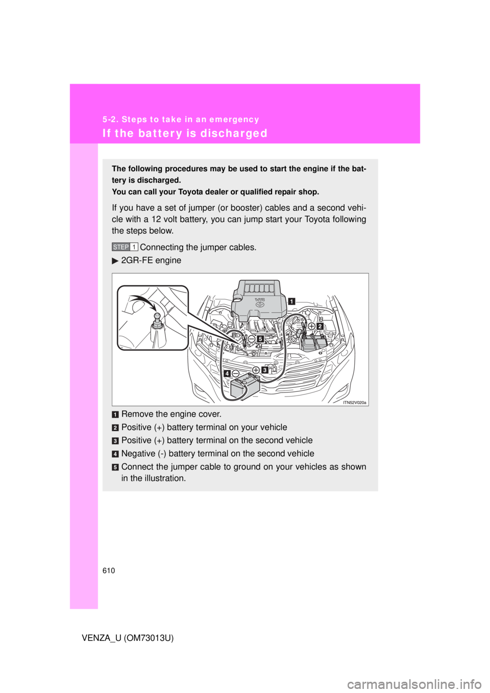 TOYOTA VENZA 2012 Owners Manual (in English) 610
5-2. Steps to take in an emergency
VENZA_U (OM73013U)
If the batter y is discharged
The following procedures may be used to start the engine if the bat-
tery is discharged.
You can call your Toyot TOYOTA VENZA 2012 Owners Manual (in English) 610
5-2. Steps to take in an emergency
VENZA_U (OM73013U)
If the batter y is discharged
The following procedures may be used to start the engine if the bat-
tery is discharged.
You can call your Toyot