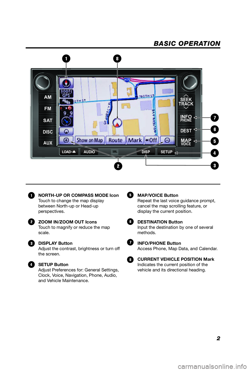 TOYOTA VENZA 2012  Accessories, Audio & Navigation (in English) 2
BASIC OPERATION
NORTH-UP OR COMPASS MODE Icon
Touch to change the map display 
between North-up or Head-up 
perspectives.
ZOOM IN/ZOOM OUT Icons
Touch to magnify or reduce the map 
scale.
DISPLAY Bu