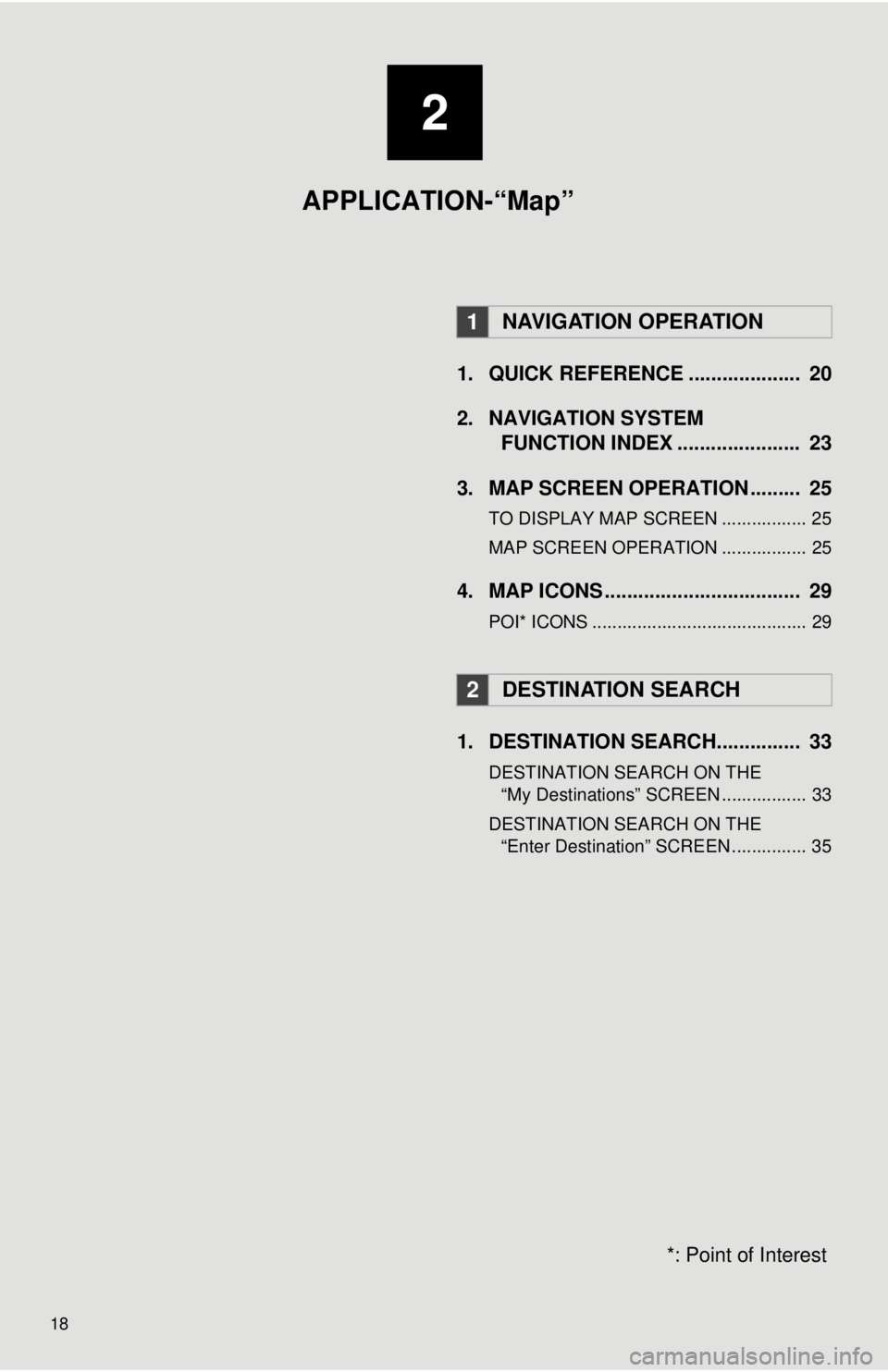 TOYOTA VENZA 2012 Accessories, Audio & Navigation (in English) 18
1. QUICK REFERENCE .................... 20
2. NAVIGATION SYSTEMFUNCTION INDEX ...... ................ 23
3. MAP SCREEN OPERATION ......... 25
TO DISPLAY MAP SCREEN ................. 25
MAP SCREE TOYOTA VENZA 2012 Accessories, Audio & Navigation (in English) 18
1. QUICK REFERENCE .................... 20
2. NAVIGATION SYSTEMFUNCTION INDEX ...... ................ 23
3. MAP SCREEN OPERATION ......... 25
TO DISPLAY MAP SCREEN ................. 25
MAP SCREE