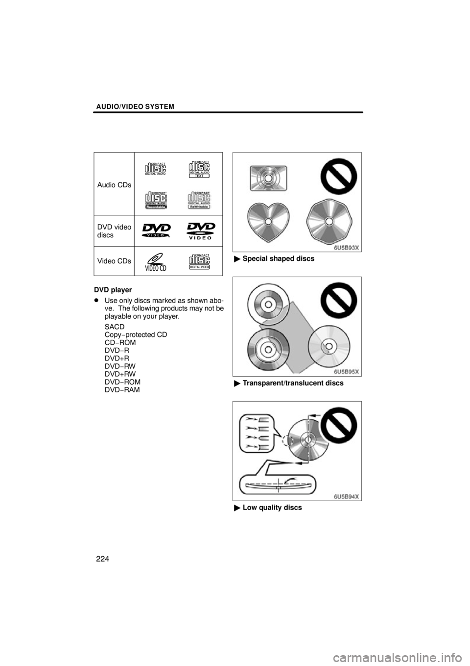TOYOTA VENZA 2012  Accessories, Audio & Navigation (in English) AUDIO/VIDEO SYSTEM
224
Audio CDs
DVD video
discs
Video CDs
DVD player
Use only discs marked as shown abo-
ve.  The following products may not be
playable on your player.
SACD
Copy−protected CD
CD