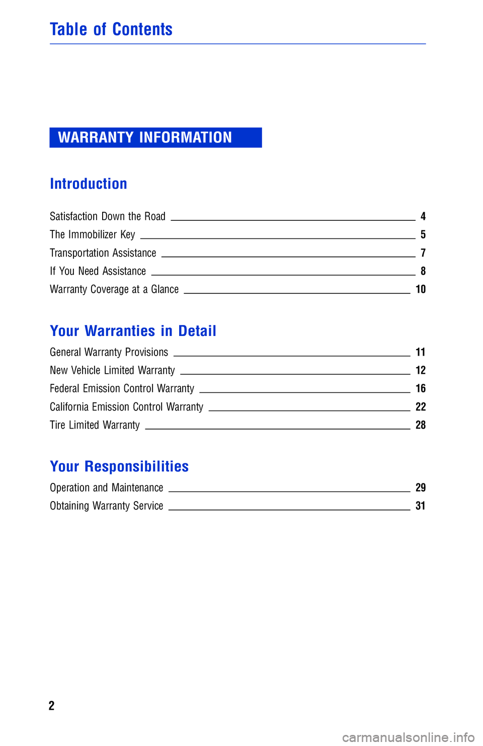 TOYOTA VENZA 2012  Warranties & Maintenance Guides (in English) WARRANTY INFORMATION
Introduction
Satisfaction Down the Road 4
The Immobilizer Key 5
Transportation Assistance7
If You Need Assistance8
Warranty Coverage at a Glance10
Your Warranties in Detail
Genera