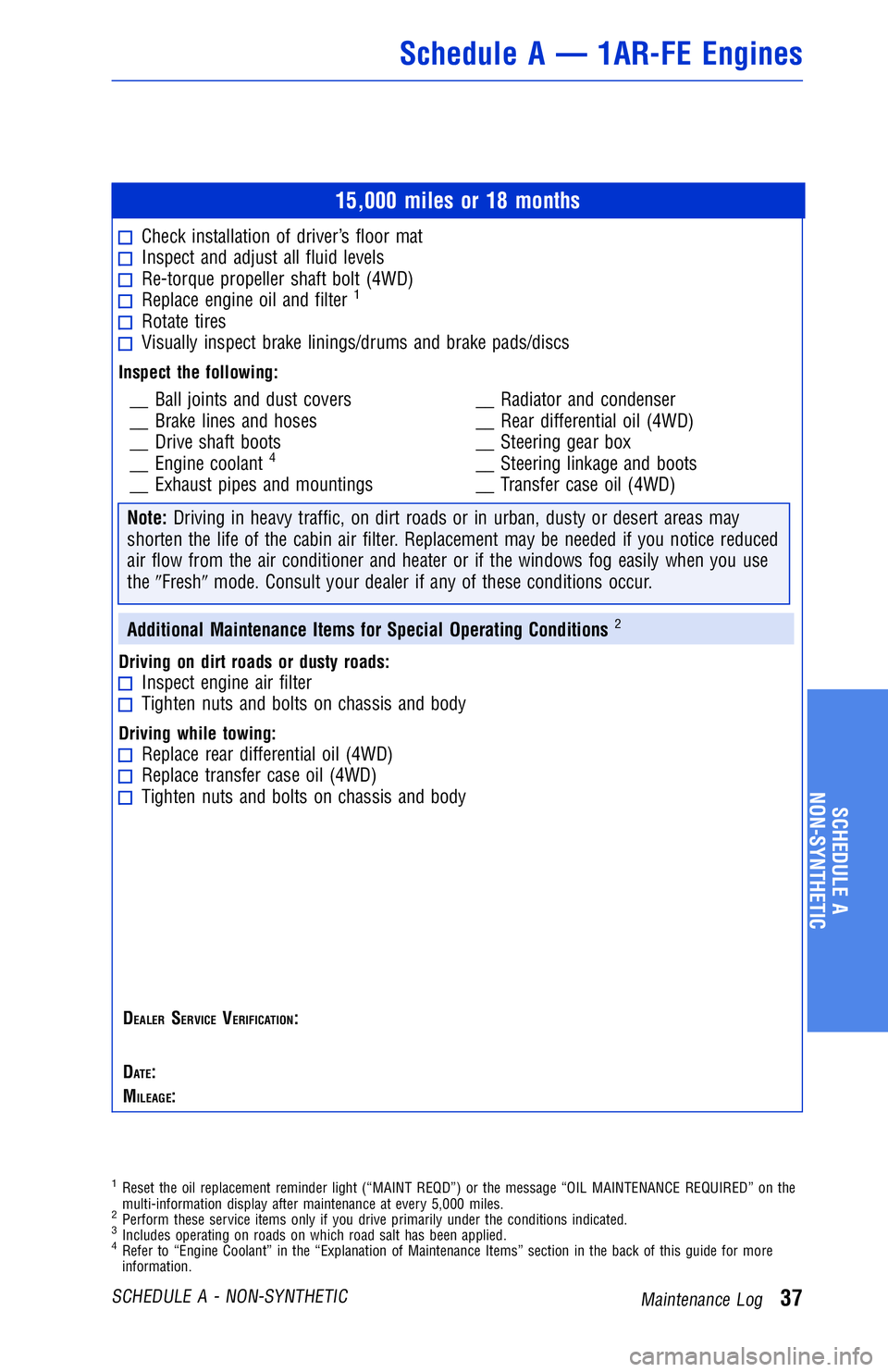 TOYOTA VENZA 2012  Warranties & Maintenance Guides (in English) 15,000 miles or 18 months
Check installation of driver’s floor matInspect and adjust all fluid levelsRe-torque propeller shaft bolt (4WD)Replace engine oil and filter1
Rotate tiresVisually inspect b