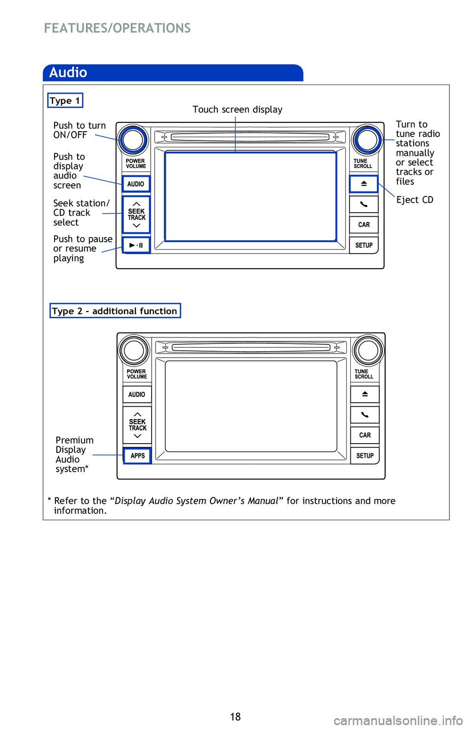 TOYOTA VENZA 2013   (in English) User Guide 18
FEATURES/OPERATIONS
Audio
“      ”
Use to search within the selected audio medium (radio, CD, iPod®, etc.).
“MODE” 
Push to turn audio ON and to select an audio mode. Push and hold to mute
