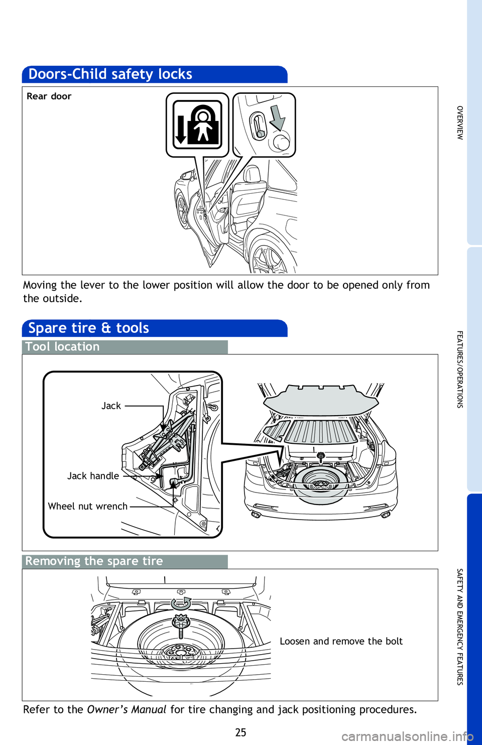 TOYOTA VENZA 2013   (in English) Owners Manual OVERVIEW
FEATURES/OPERATIONS
SAFETY AND EMERGENCY FEATURES
25
If belt is fully extended, then retracted even slightly, it cannot be re-extended 
beyond that point, unless fully retracted again. This f