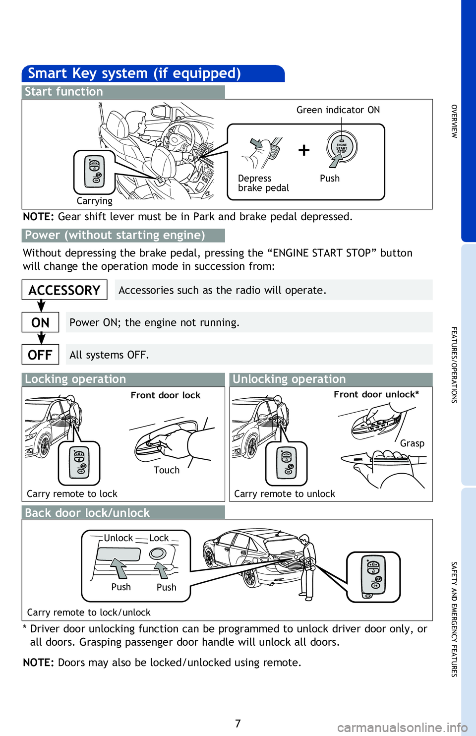 TOYOTA VENZA 2013 Owners Manual (in English) OVERVIEW
FEATURES/OPERATIONS
SAFETY AND EMERGENCY FEATURES
7
Smart Key system (if equipped)
Start function
Accessories such as the radio will operate.
Power ON; the engine not running.
All systems OFF TOYOTA VENZA 2013 Owners Manual (in English) OVERVIEW
FEATURES/OPERATIONS
SAFETY AND EMERGENCY FEATURES
7
Smart Key system (if equipped)
Start function
Accessories such as the radio will operate.
Power ON; the engine not running.
All systems OFF