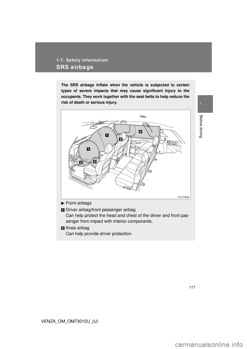 TOYOTA VENZA 2013  Owners Manual (in English) 117
1
1-7. Safety information
Before driving
VENZA_OM_OM73010U_(U)
SRS airbags
The SRS airbags inflate when the vehicle is subjected to certain
types of severe impacts that may  cause significant inju