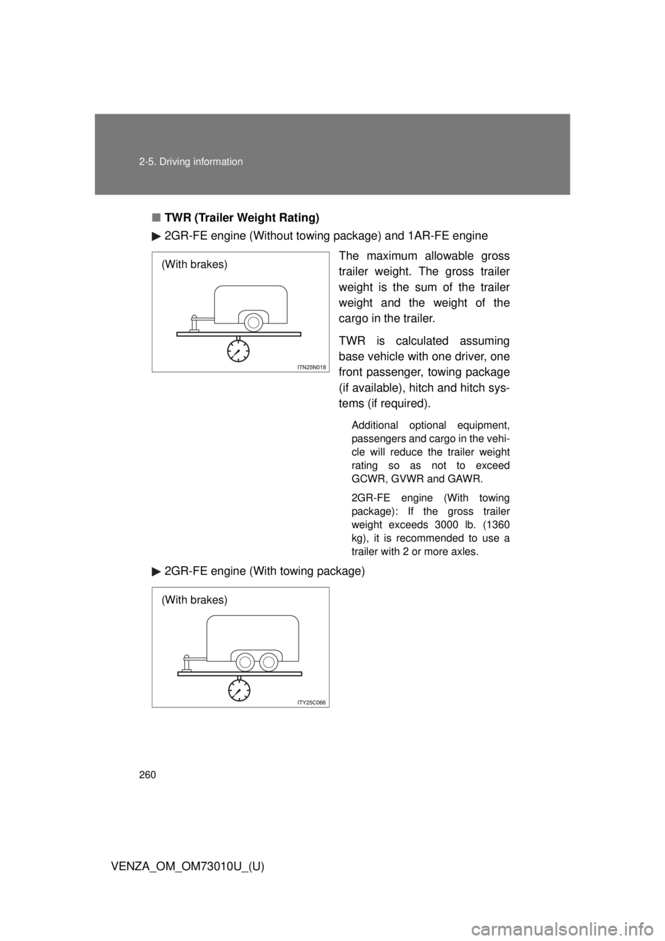 TOYOTA VENZA 2013  Owners Manual (in English) 260 2-5. Driving information
VENZA_OM_OM73010U_(U)■
TWR (Trailer Weight Rating)
2GR-FE engine (Without towing  package) and 1AR-FE engine
The maximum allowable gross
trailer weight. The gross traile