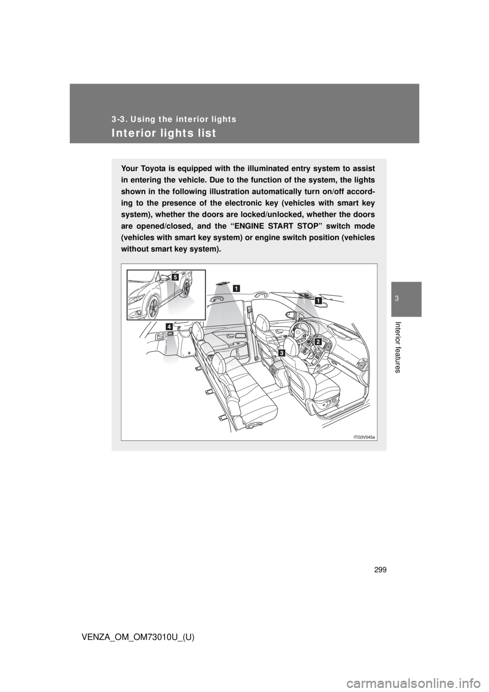 TOYOTA VENZA 2013 Owners Manual (in English) 299
3
Interior features
VENZA_OM_OM73010U_(U)
3-3. Using the interior lights
Interior lights list
Your Toyota is equipped with the illuminated entry system to assist
in entering the vehicle. Due to th TOYOTA VENZA 2013 Owners Manual (in English) 299
3
Interior features
VENZA_OM_OM73010U_(U)
3-3. Using the interior lights
Interior lights list
Your Toyota is equipped with the illuminated entry system to assist
in entering the vehicle. Due to th