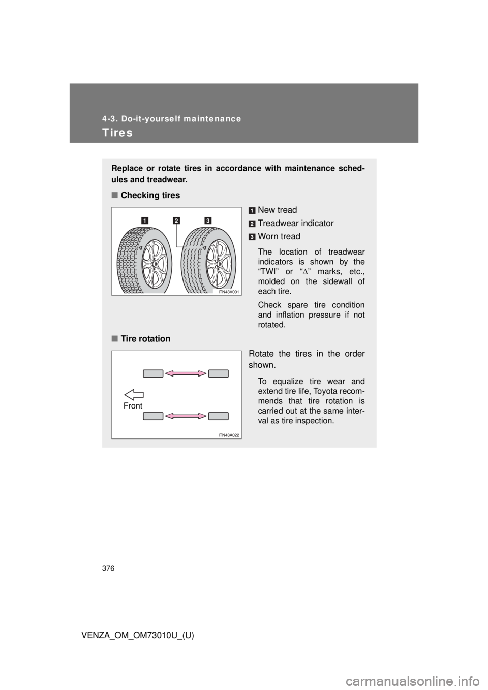 TOYOTA VENZA 2013  Owners Manual (in English) 376
4-3. Do-it-yourself maintenance
VENZA_OM_OM73010U_(U)
Tires
Replace or rotate tires in accordance with maintenance sched-
ules and treadwear.
■Checking tires
New tread
Treadwear indicator
Worn t