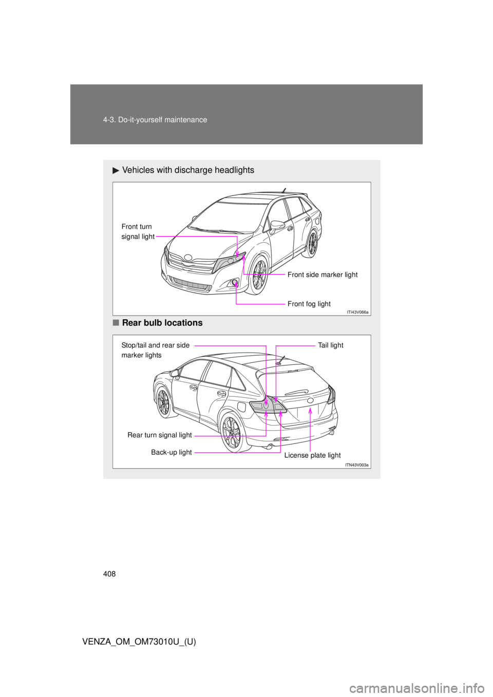 TOYOTA VENZA 2013  Owners Manual (in English) 408 4-3. Do-it-yourself maintenance
VENZA_OM_OM73010U_(U)
Vehicles with discharge headlights
■ Rear bulb locations
Front fog light
Front turn 
signal light
Front side marker light
Stop/tail and rear