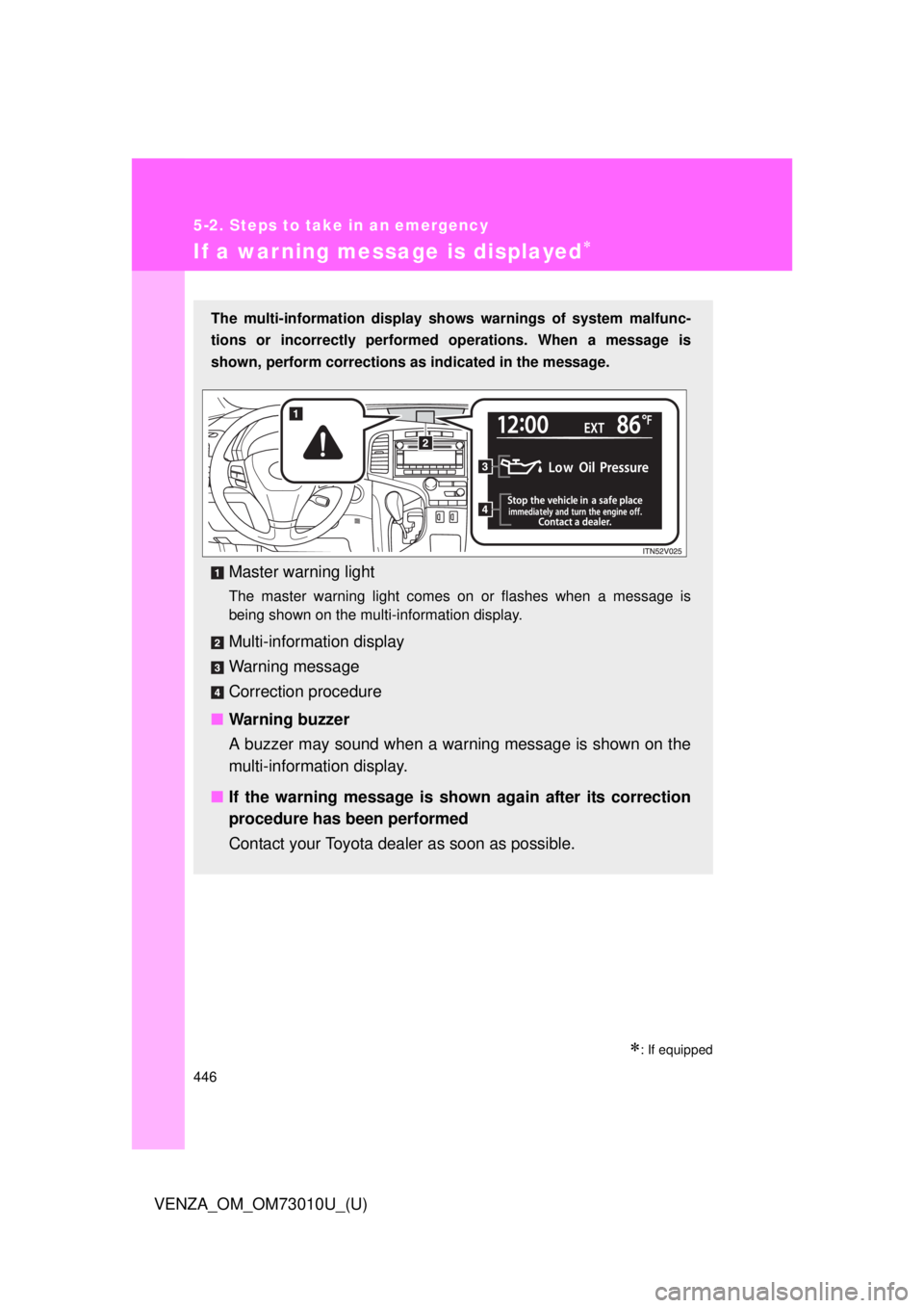 TOYOTA VENZA 2013  Owners Manual (in English) 446
5-2. Steps to take in an emergency
VENZA_OM_OM73010U_(U)
If a warning message is displayed
: If equipped
The multi-information display shows warnings of system malfunc-
tions or incorrectly 