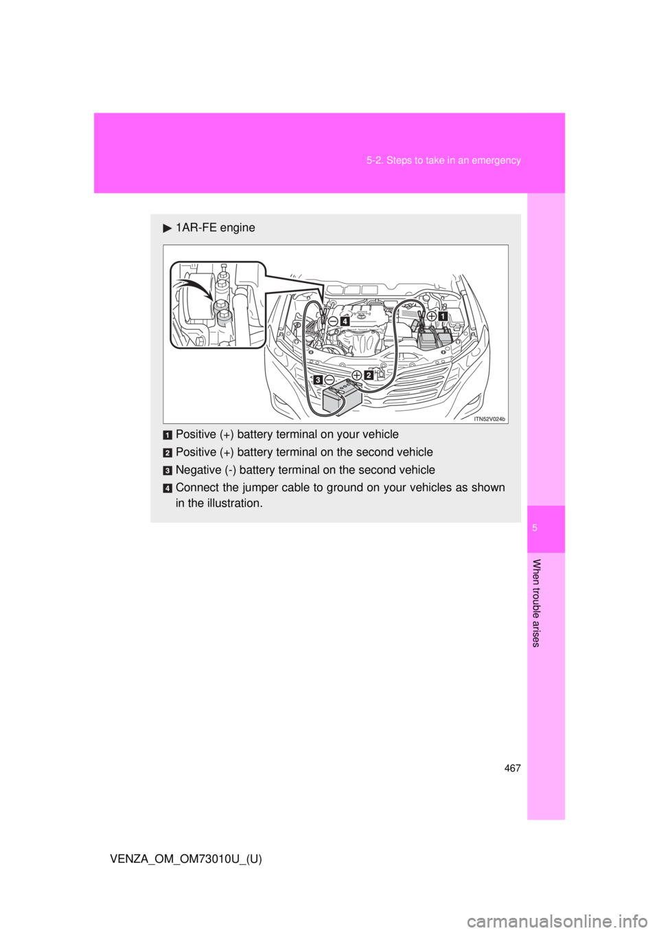 TOYOTA VENZA 2013  Owners Manual (in English) 5
When trouble arises
467
5-2. Steps to take in an emergency
VENZA_OM_OM73010U_(U)
1AR-FE engine
Positive (+) battery terminal on your vehicle
Positive (+) battery terminal on the second vehicle
Negat