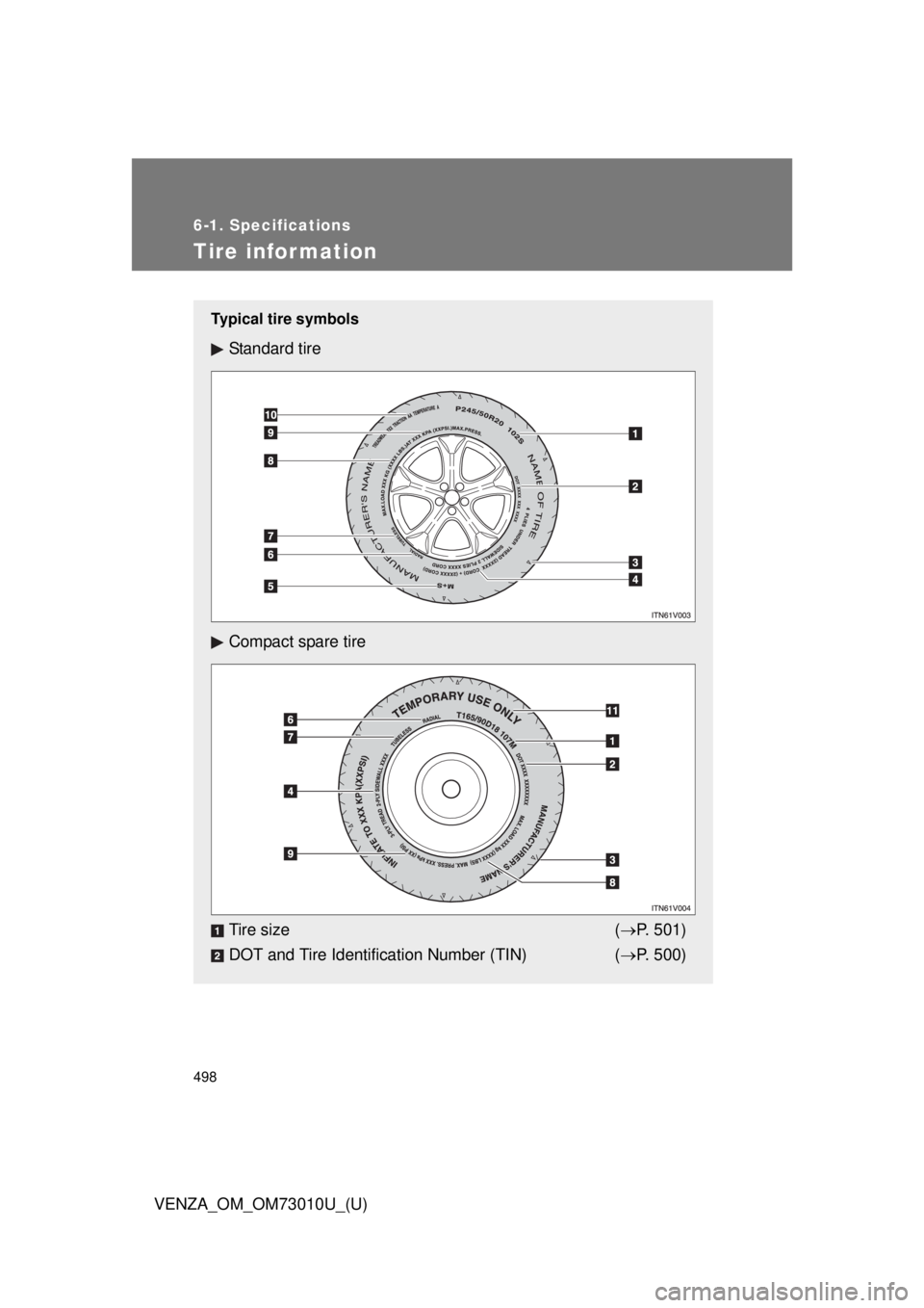 TOYOTA VENZA 2013 Owners Manual (in English) 498
6-1. Specifications
VENZA_OM_OM73010U_(U)
Tire infor mation
Typical tire symbols
Standard tire
Compact spare tire
Tire size (P. 501)
DOT and Tire Identification Number (TIN) ( P. 500) TOYOTA VENZA 2013 Owners Manual (in English) 498
6-1. Specifications
VENZA_OM_OM73010U_(U)
Tire infor mation
Typical tire symbols
Standard tire
Compact spare tire
Tire size (P. 501)
DOT and Tire Identification Number (TIN) ( P. 500)