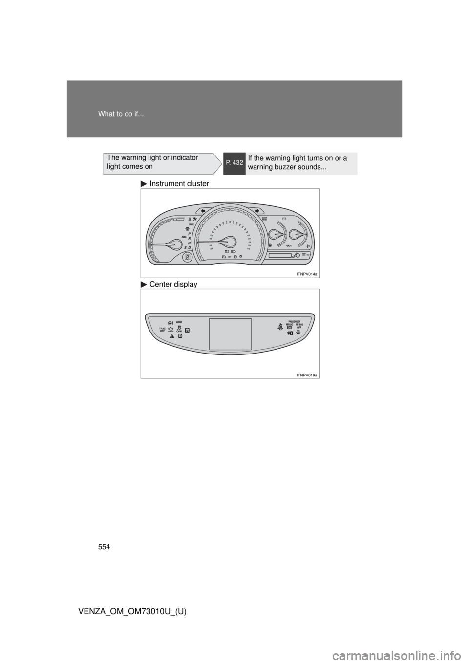 TOYOTA VENZA 2013 Owners Manual (in English) 554 What to do if...
VENZA_OM_OM73010U_(U)
The warning light or indicator
light comes onP. 432If the warning light turns on or a
warning buzzer sounds...
Instrument cluster
Center display TOYOTA VENZA 2013 Owners Manual (in English) 554 What to do if...
VENZA_OM_OM73010U_(U)
The warning light or indicator
light comes onP. 432If the warning light turns on or a
warning buzzer sounds...
Instrument cluster
Center display