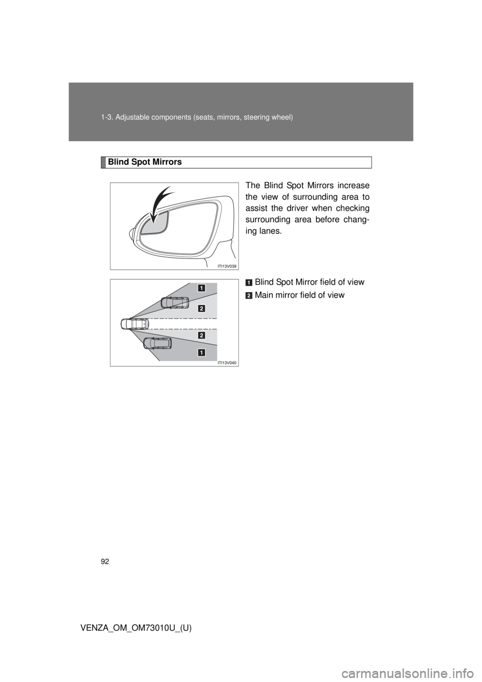 TOYOTA VENZA 2013 Owners Manual (in English) 92 1-3. Adjustable components (seats, mirrors, steering wheel)
VENZA_OM_OM73010U_(U)
Blind Spot Mirrors
The Blind Spot Mirrors increase
the view of surrounding area to
assist the driver when checking
TOYOTA VENZA 2013 Owners Manual (in English) 92 1-3. Adjustable components (seats, mirrors, steering wheel)
VENZA_OM_OM73010U_(U)
Blind Spot Mirrors
The Blind Spot Mirrors increase
the view of surrounding area to
assist the driver when checking