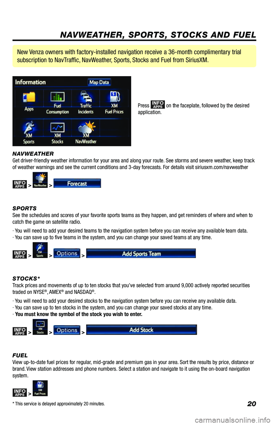 TOYOTA VENZA 2013 Accessories, Audio & Navigation (in English) 20
NAVWEATHER
Get driver-friendly weather information for your area and along your route. See storms and severe weather, keep track
of weather warnings and see the current conditions and 3-day foreca TOYOTA VENZA 2013 Accessories, Audio & Navigation (in English) 20
NAVWEATHER
Get driver-friendly weather information for your area and along your route. See storms and severe weather, keep track
of weather warnings and see the current conditions and 3-day foreca