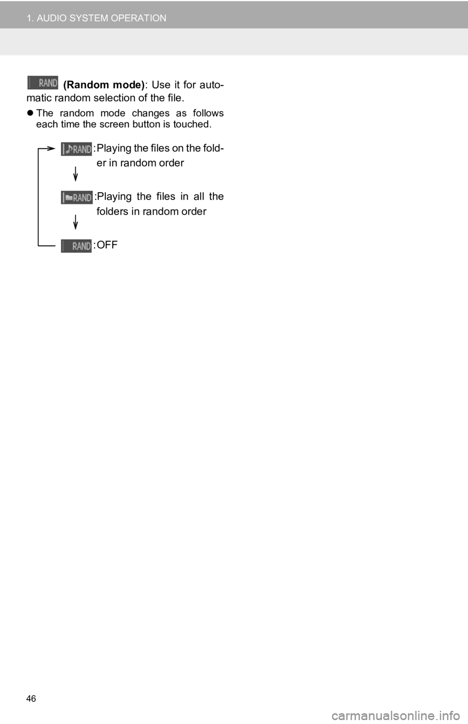 TOYOTA VENZA 2013  Accessories, Audio & Navigation (in English) 46
1. AUDIO SYSTEM OPERATION
  (Random  mode):  Use  it  for  auto-
matic random selection of the file.
 The  random  mode  changes  as  follows
each time the screen button is touched.
: Playing th