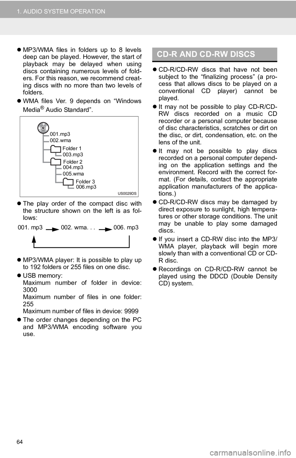 TOYOTA VENZA 2013  Accessories, Audio & Navigation (in English) 64
1. AUDIO SYSTEM OPERATION
MP3/WMA  files  in  folders  up  to  8  levels
deep can be played. However, the start of
playback  may  be  delayed  when  using
discs  containing  numerous  levels  of