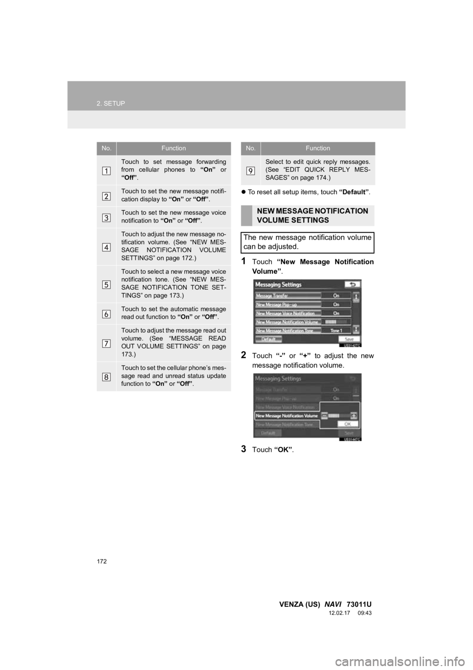 TOYOTA VENZA 2013 Accessories, Audio & Navigation (in English) 172
2. SETUP
VENZA (US) NAVI 73011U
12.02.17 09:43
To reset all setup items, touch “Default”.
1Touch “New Message Notification
Vo l u m e ” .
2Touch “-” or “+” to adju TOYOTA VENZA 2013 Accessories, Audio & Navigation (in English) 172
2. SETUP
VENZA (US) NAVI 73011U
12.02.17 09:43
To reset all setup items, touch “Default”.
1Touch “New Message Notification
Vo l u m e ” .
2Touch “-” or “+” to adju