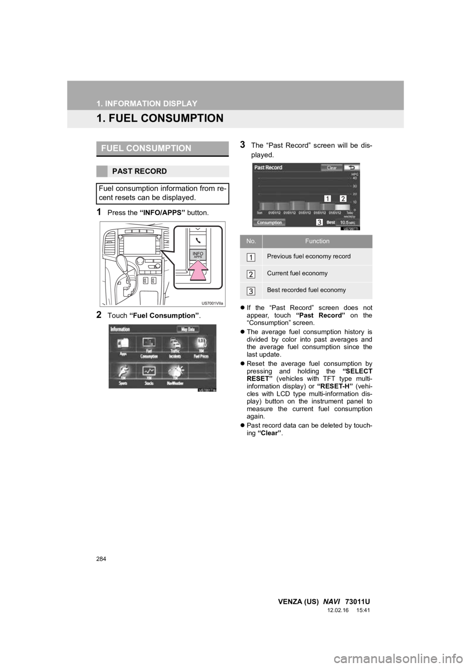 TOYOTA VENZA 2013 Accessories, Audio & Navigation (in English) 284
VENZA (US) NAVI 73011U
12.02.16 15:41
1. INFORMATION DISPLAY
1. FUEL CONSUMPTION
1Press the “INFO/APPS” button.
2Touch “Fuel Consumption” .
3The “Past Record” screen will TOYOTA VENZA 2013 Accessories, Audio & Navigation (in English) 284
VENZA (US) NAVI 73011U
12.02.16 15:41
1. INFORMATION DISPLAY
1. FUEL CONSUMPTION
1Press the “INFO/APPS” button.
2Touch “Fuel Consumption” .
3The “Past Record” screen will