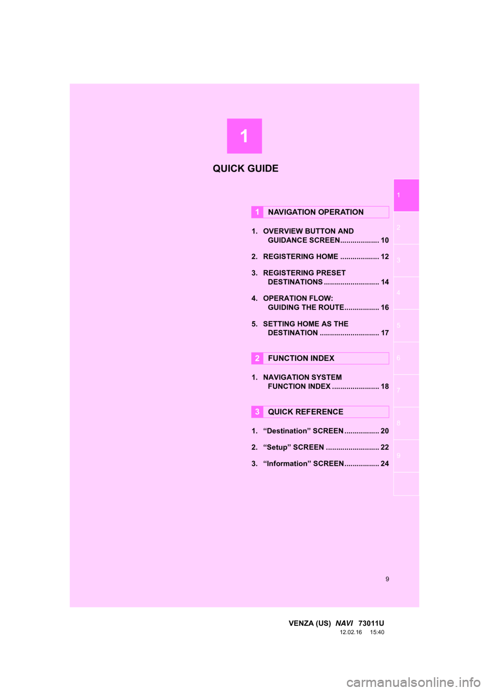 TOYOTA VENZA 2013  Accessories, Audio & Navigation (in English) 1
9
1
2
3
4
5
6
7
8
9
VENZA (US)  NAVI   73011U
12.02.16     15:40
1. OVERVIEW BUTTON AND 
GUIDANCE SCREEN. .................. 10
2. REGISTERING HOME ................... 12
3. REGISTERING PRESET  DEST
