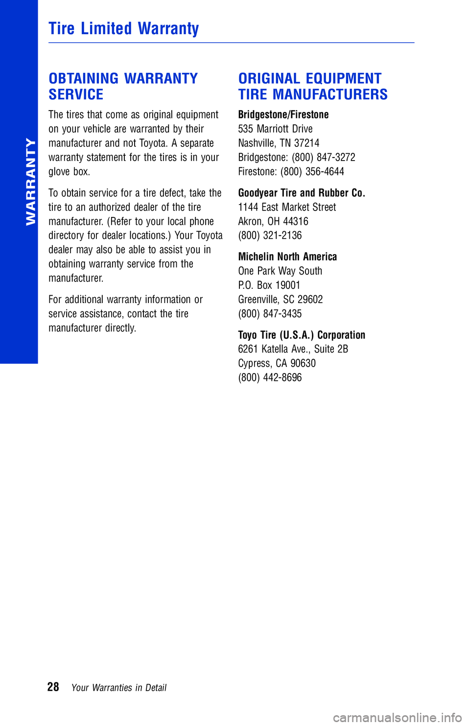 TOYOTA VENZA 2013 Warranties & Maintenance Guides (in English) JOBNAME: 1139965-2013-venWG-E PAGE: 28 SESS: 12 OUTPUT: Wed May 16 10:29:29 2012
/tweddle/toyota/sched-maint/1139965-en-ven/wg
OBTAINING WARRANTY
SERVICE
The tires that come as original equipment
on y TOYOTA VENZA 2013 Warranties & Maintenance Guides (in English) JOBNAME: 1139965-2013-venWG-E PAGE: 28 SESS: 12 OUTPUT: Wed May 16 10:29:29 2012
/tweddle/toyota/sched-maint/1139965-en-ven/wg
OBTAINING WARRANTY
SERVICE
The tires that come as original equipment
on y