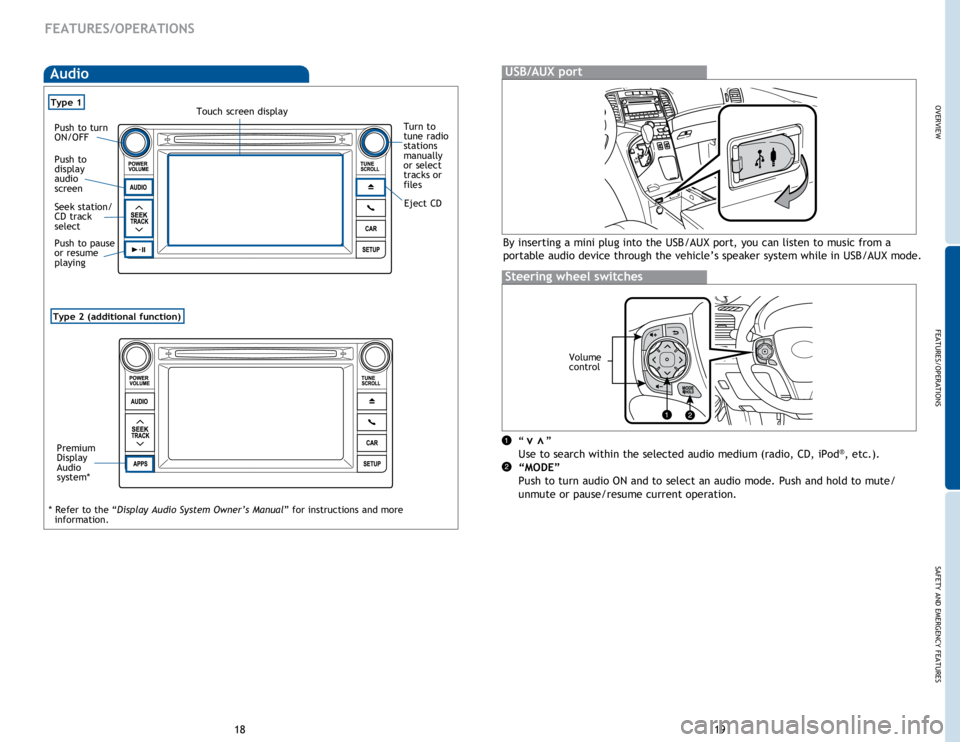 TOYOTA VENZA 2014   (in English) User Guide OVERVIEWFEATURES/OPERATIONS
SAFETY AND EMERGENCY FEATURES
19
18
FEATURES/OPERATIONS
Audio
“      ”
Use to search within the selected audio medium (radio, CD, iPod®, etc.).
“MODE” 
Push to tur