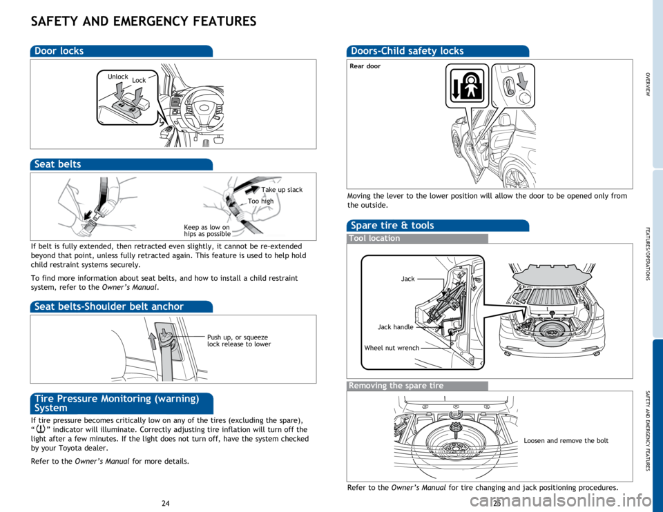 TOYOTA VENZA 2014   (in English) User Guide OVERVIEW
FEATURES/OPERATIONS
SAFETY AND EMERGENCY FEATURES
25
24
SAFETY AND EMERGENCY FEATURES
If belt is fully extended, then retracted even slightly, it cannot be re-extended 
beyond that point, unl