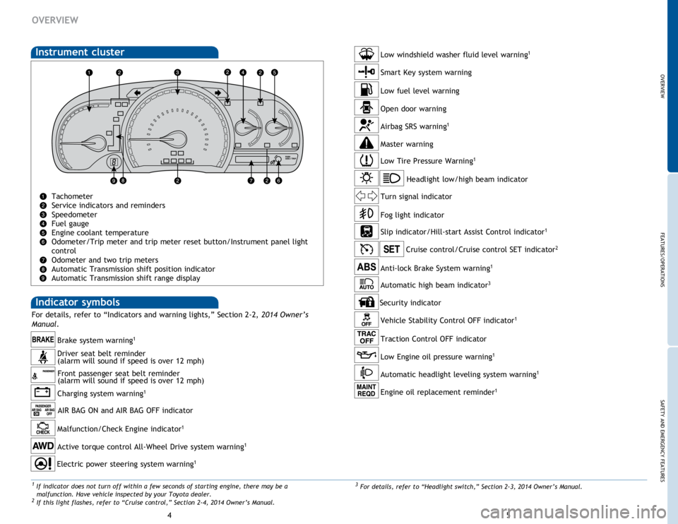 TOYOTA VENZA 2014  Owners Manual (in English) OVERVIEW
FEATURES/OPERATIONS
SAFETY AND EMERGENCY FEATURES
45
OVERVIEW
Indicator symbols 
Instrument cluster
Tachometer
Service indicators and reminders
Speedometer
Fuel gauge
Engine coolant temperatu