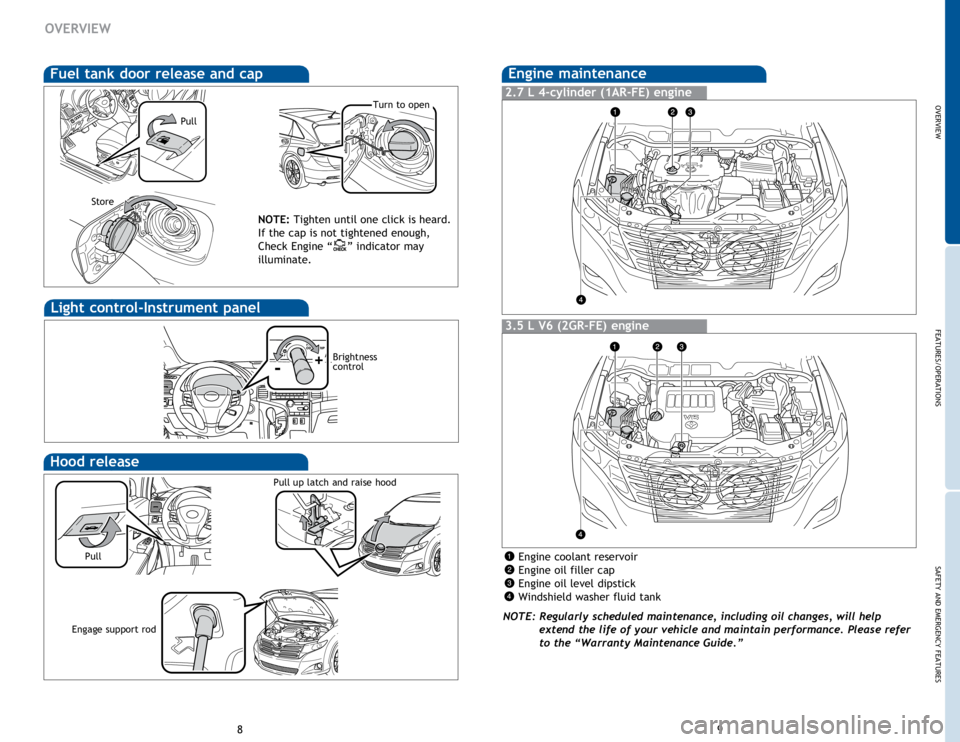 TOYOTA VENZA 2014 Owners Manual (in English) OVERVIEW
FEATURES/OPERATIONS
SAFETY AND EMERGENCY FEATURES
89
Hood release
Fuel tank door release and cap
NOTE: Tighten until one click is heard.
If the cap is not tightened enough,
Check Engine “ TOYOTA VENZA 2014 Owners Manual (in English) OVERVIEW
FEATURES/OPERATIONS
SAFETY AND EMERGENCY FEATURES
89
Hood release
Fuel tank door release and cap
NOTE: Tighten until one click is heard.
If the cap is not tightened enough,
Check Engine “