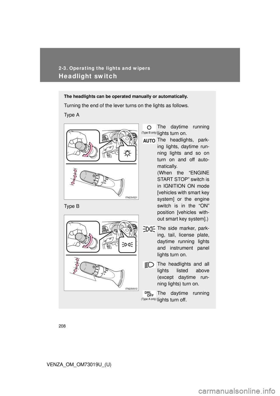 TOYOTA VENZA 2014  Owners Manual (in English) 208
VENZA_OM_OM73019U_(U)
2-3. Operating the lights and wipers
Headlight switch
The headlights can be operated manually or automatically. 
Turning the end of the lever turns on the lights as follows.

