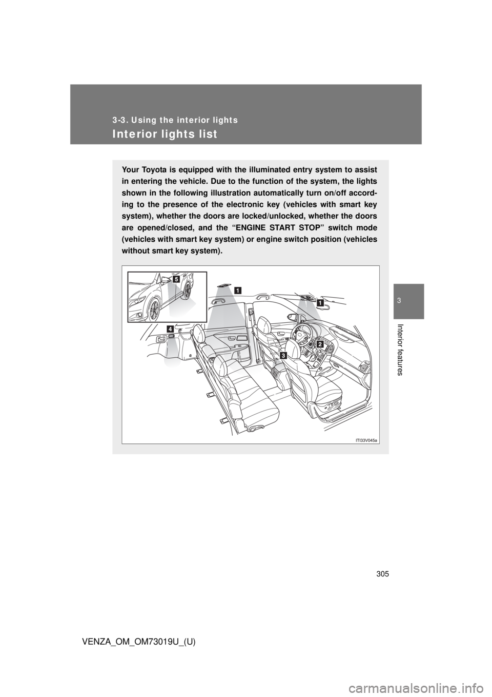 TOYOTA VENZA 2014  Owners Manual (in English) 305
3
Interior features
VENZA_OM_OM73019U_(U)
3-3. Using the interior lights
Interior lights list
Your Toyota is equipped with the illuminated entry system to assist
in entering the vehicle. Due to th