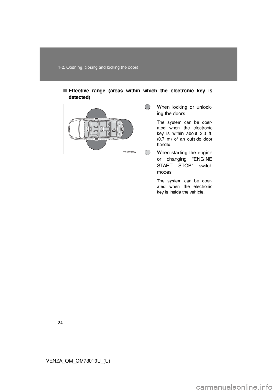 TOYOTA VENZA 2014  Owners Manual (in English) 34 1-2. Opening, closing and locking the doors
VENZA_OM_OM73019U_(U)■
Effective range (areas within which the electronic key is
detected)
When locking or unlock-
ing the doors
The system can be oper