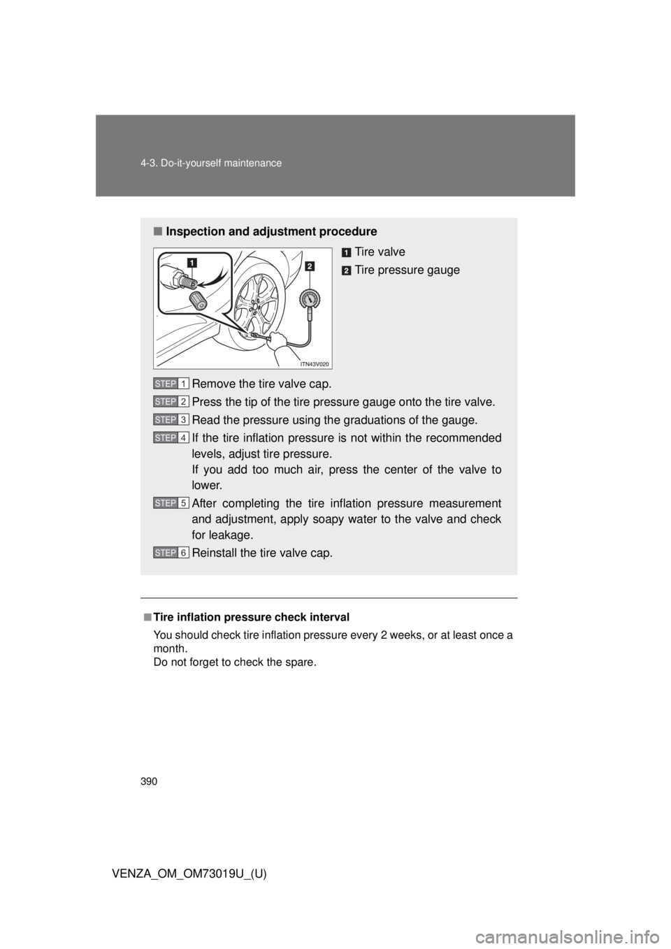 TOYOTA VENZA 2014  Owners Manual (in English) 390 4-3. Do-it-yourself maintenance
VENZA_OM_OM73019U_(U)
■Tire inflation pressure check interval
You should check tire inflation pressure every 2 weeks, or at least once a
month.
Do not forget to c