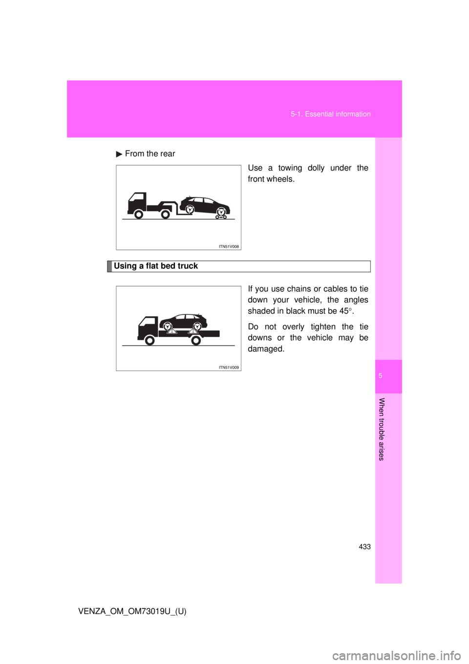 TOYOTA VENZA 2014  Owners Manual (in English) 5
When trouble arises
433
5-1. Essential information
VENZA_OM_OM73019U_(U)
From the rear
Use a towing dolly under the
front wheels.
Using a flat bed truck
If you use chains or cables to tie
down your 