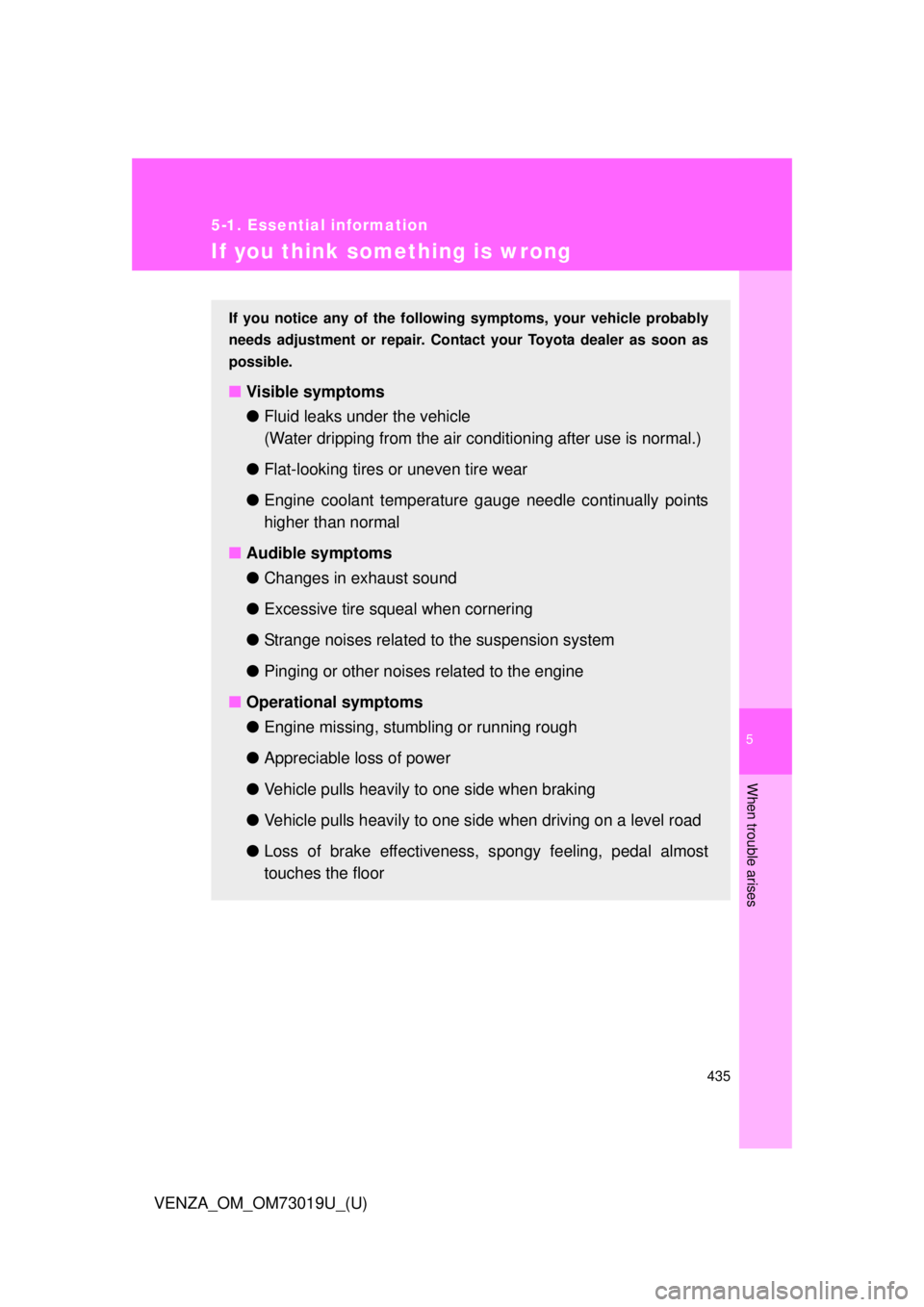 TOYOTA VENZA 2014  Owners Manual (in English) 5
When trouble arises
435
5-1. Essential information
VENZA_OM_OM73019U_(U)
If you think something is wrong
If you notice any of the following symptoms, your vehicle probably
needs adjustment or repair