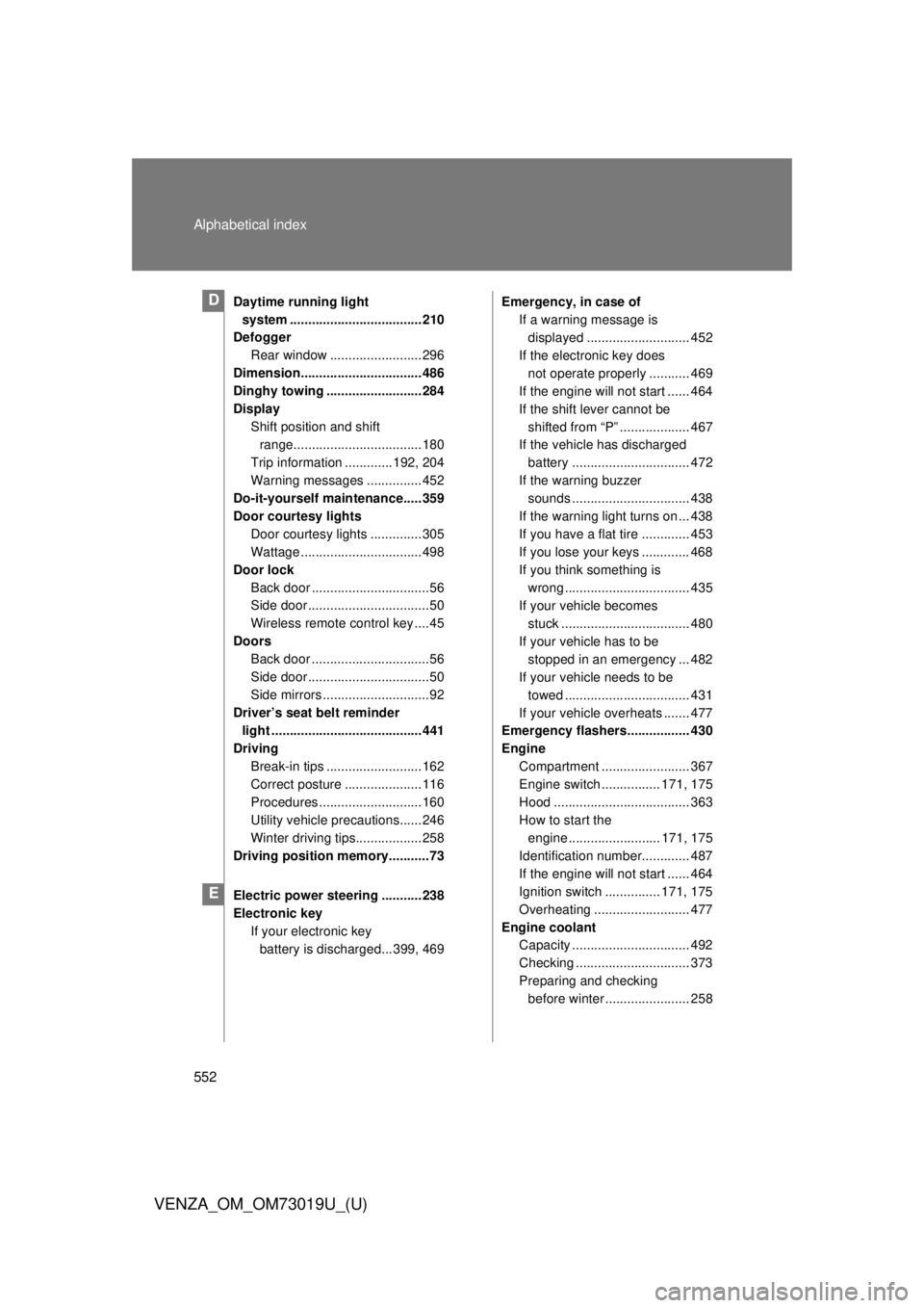 TOYOTA VENZA 2014  Owners Manual (in English) 552 Alphabetical index
VENZA_OM_OM73019U_(U)
Daytime running light system .................................... 210
Defogger
Rear window ......................... 296
Dimension.........................