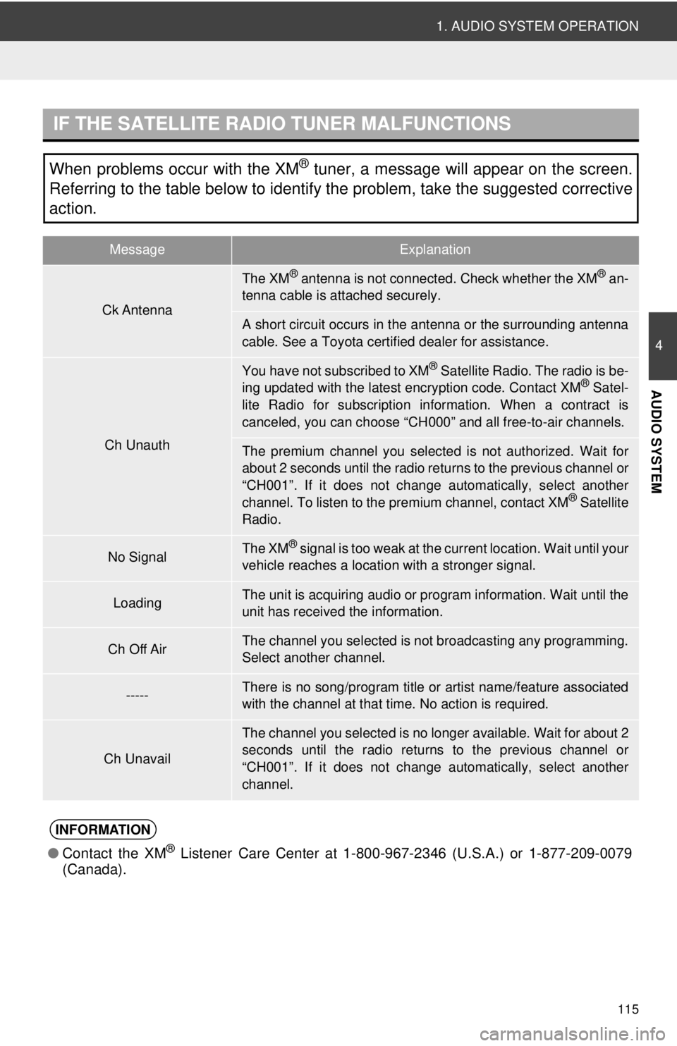 TOYOTA VENZA 2014  Accessories, Audio & Navigation (in English) 115
1. AUDIO SYSTEM OPERATION
4
AUDIO SYSTEM
IF THE SATELLITE RADIO TUNER MALFUNCTIONS
When problems occur with the XM® tuner, a message will appear on the screen.
Referring to the table below to ide