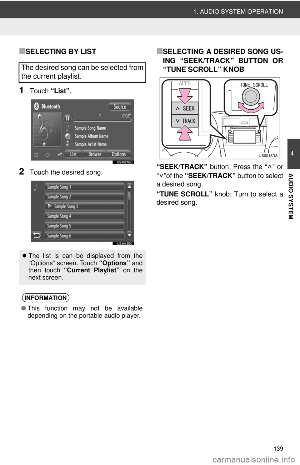 TOYOTA VENZA 2014  Accessories, Audio & Navigation (in English) 139
1. AUDIO SYSTEM OPERATION
4
AUDIO SYSTEM
■SELECTING BY LIST
1Touch “List”.
2Touch the desired song.
■SELECTING A DESIRED SONG US-
ING “SEEK/TRACK” BUTTON OR
“TUNE SCROLL” KNOB
“S