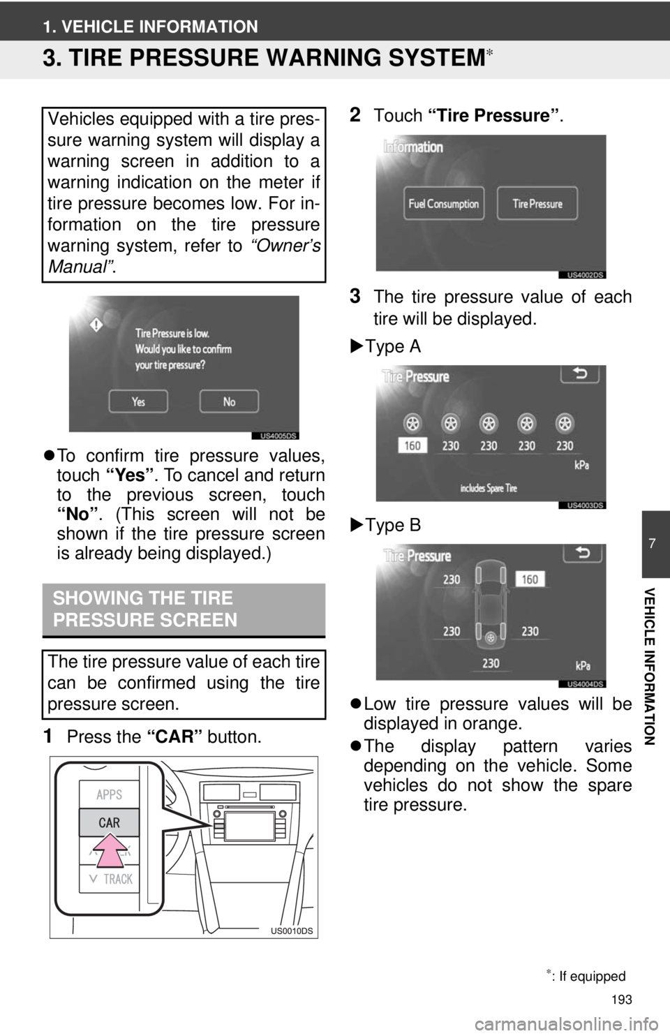 TOYOTA VENZA 2014 Accessories, Audio & Navigation (in English) 193
7
VEHICLE INFORMATION
1. VEHICLE INFORMATION
3. TIRE PRESSURE WARNING SYSTEM∗
To confirm tire pressure values,
touch “Yes”. To cancel and return
to the previous screen, touch
“No” . TOYOTA VENZA 2014 Accessories, Audio & Navigation (in English) 193
7
VEHICLE INFORMATION
1. VEHICLE INFORMATION
3. TIRE PRESSURE WARNING SYSTEM∗
To confirm tire pressure values,
touch “Yes”. To cancel and return
to the previous screen, touch
“No” .