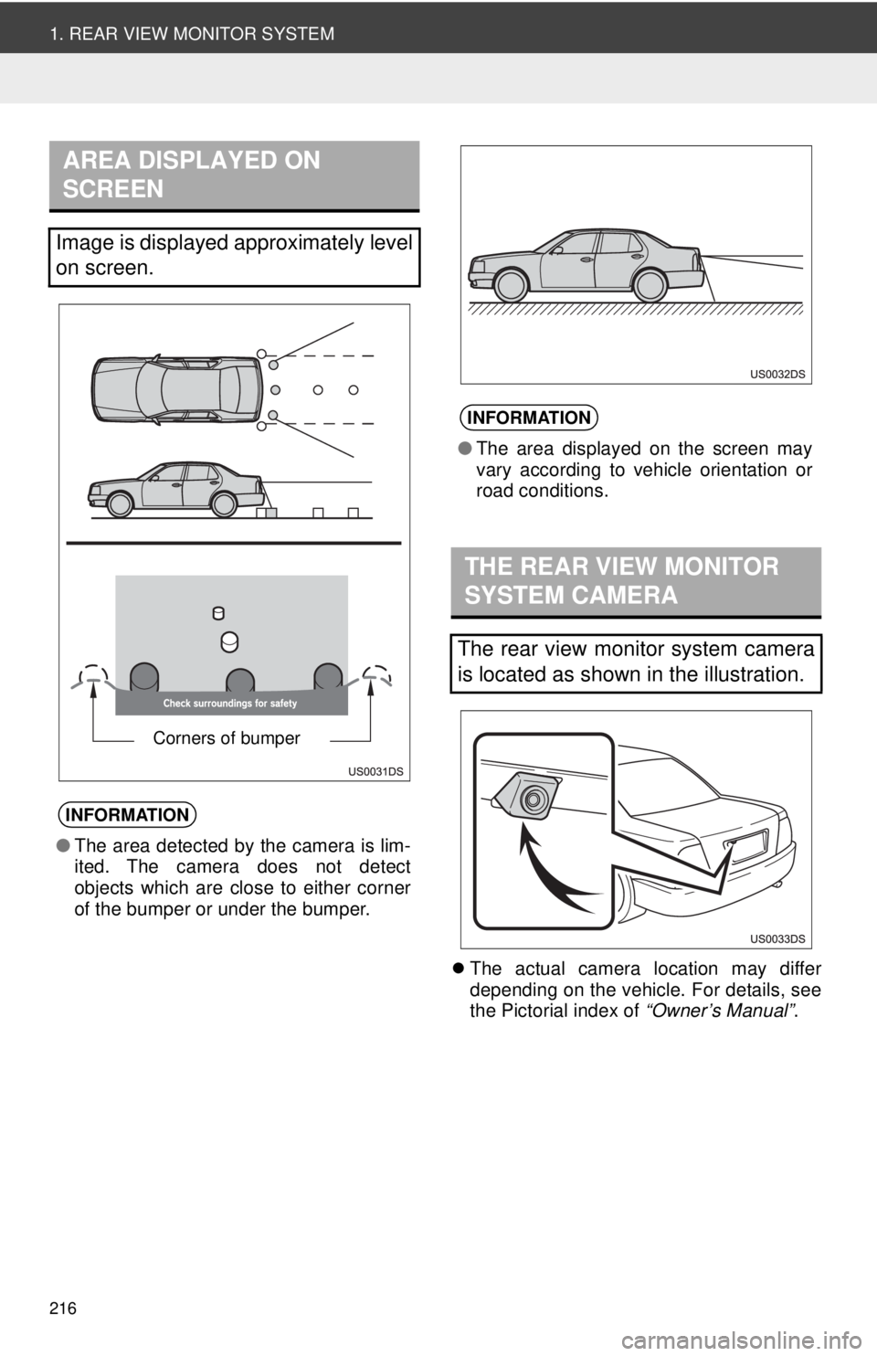 TOYOTA VENZA 2014 Accessories, Audio & Navigation (in English) 216
1. REAR VIEW MONITOR SYSTEM
The actual camera location may differ
depending on the vehicle. For details, see
the Pictorial index of “Owner’s Manual”.
AREA DISPLAYED ON
SCREEN
Image is d TOYOTA VENZA 2014 Accessories, Audio & Navigation (in English) 216
1. REAR VIEW MONITOR SYSTEM
The actual camera location may differ
depending on the vehicle. For details, see
the Pictorial index of “Owner’s Manual”.
AREA DISPLAYED ON
SCREEN
Image is d