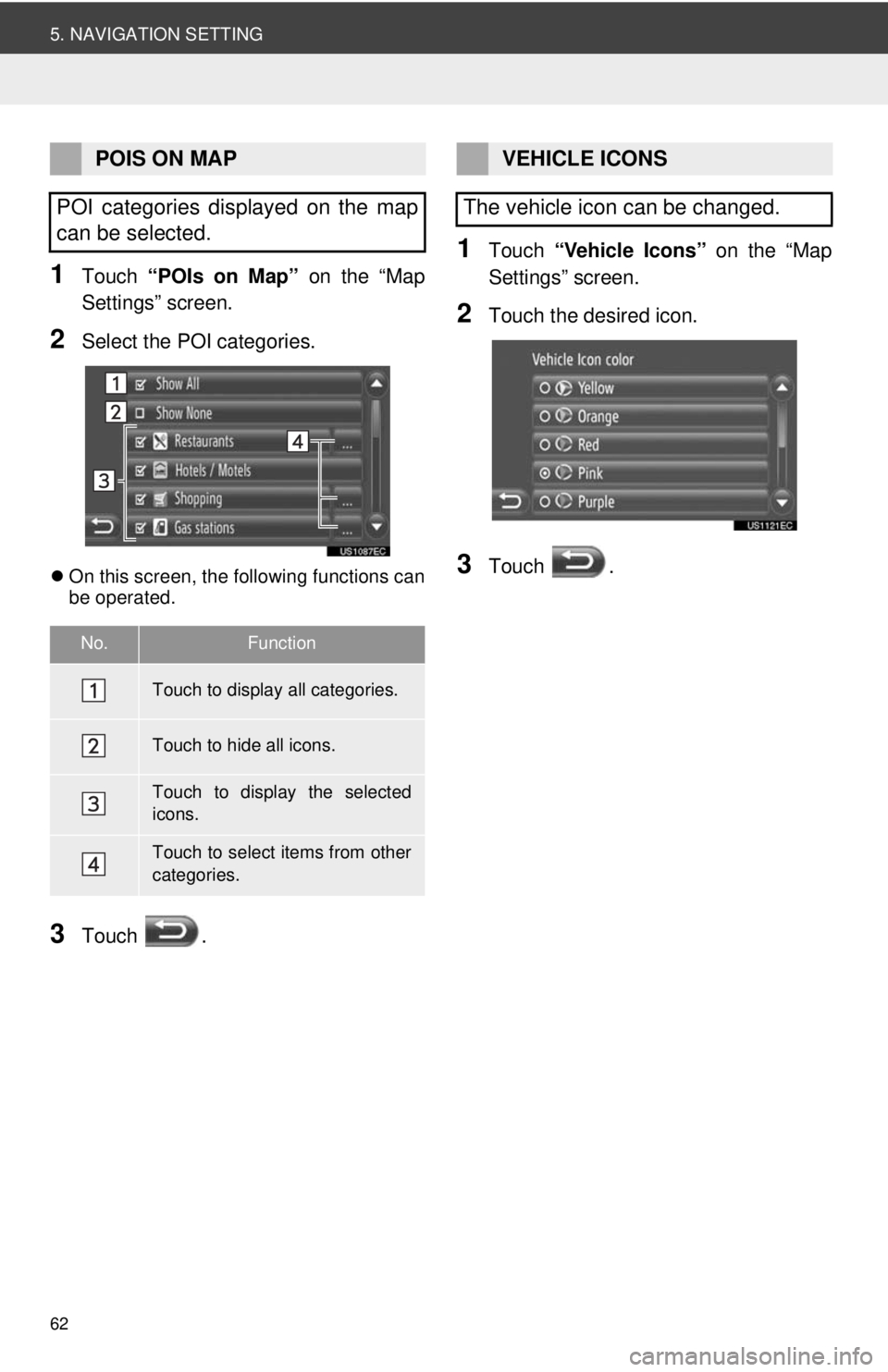 TOYOTA VENZA 2014 Accessories, Audio & Navigation (in English) 62
5. NAVIGATION SETTING
1Touch “POIs on Map” on the “Map
Settings” screen.
2Select the POI categories.
On this screen, the following functions can
be operated.
3Touch .
1Touch “Vehicl TOYOTA VENZA 2014 Accessories, Audio & Navigation (in English) 62
5. NAVIGATION SETTING
1Touch “POIs on Map” on the “Map
Settings” screen.
2Select the POI categories.
On this screen, the following functions can
be operated.
3Touch .
1Touch “Vehicl